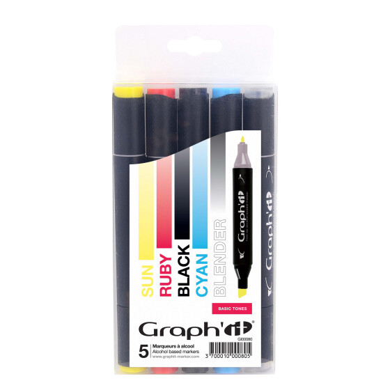 GRAPHIT Marker mit Rund- / Keilspitze Alkohol-basiert, 5er Set - Basic
