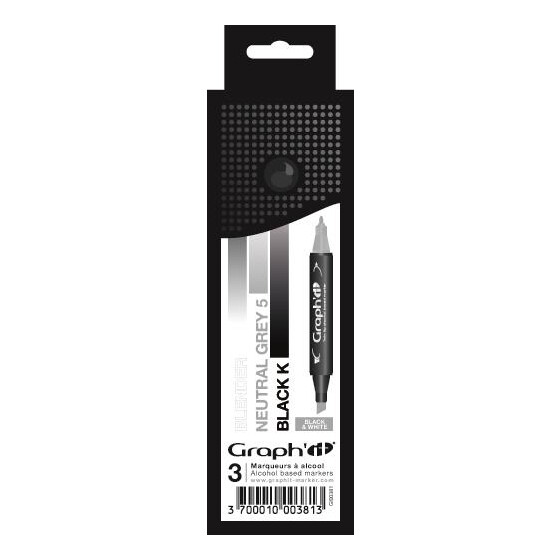 GRAPHIT Marker mit Rund- / Keilspitze Alkohol-basiert, 3er Set - Black & White