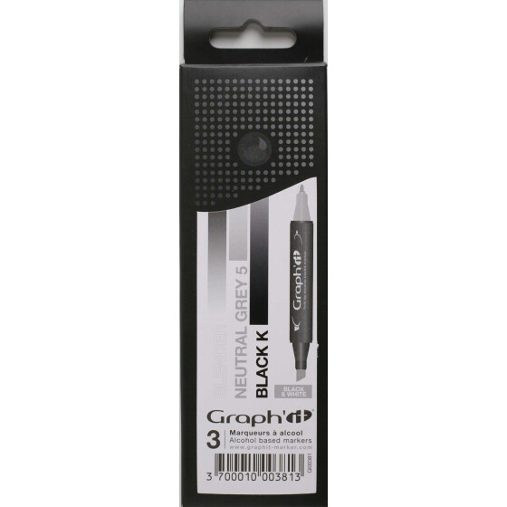 GRAPHIT Marker mit Rund- / Keilspitze Alkohol-basiert, 3er Set - Black & White