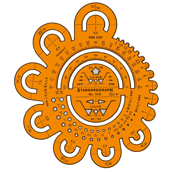 Abrundungsschablone mit Radien von 0,5 bis 40 mm, Oberflächenzeichen