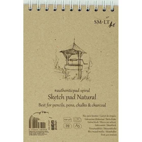 Spiralblock Skizze leicht graues 100% RCP Authentic A5 - 70 Blatt, 100 g/qm, matt