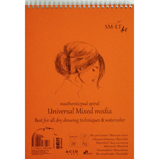 Spiralblock Authentic DIN A3 - Mixed Media Papier, 30 Blatt, 200 g/qm